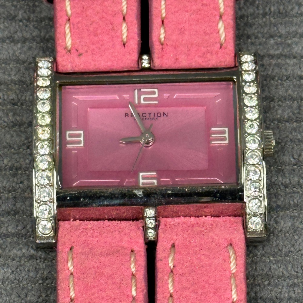 Kenneth Cole Reaction Pink Suede Leather Rhinestone Cuff Watch RK2109 Y2k